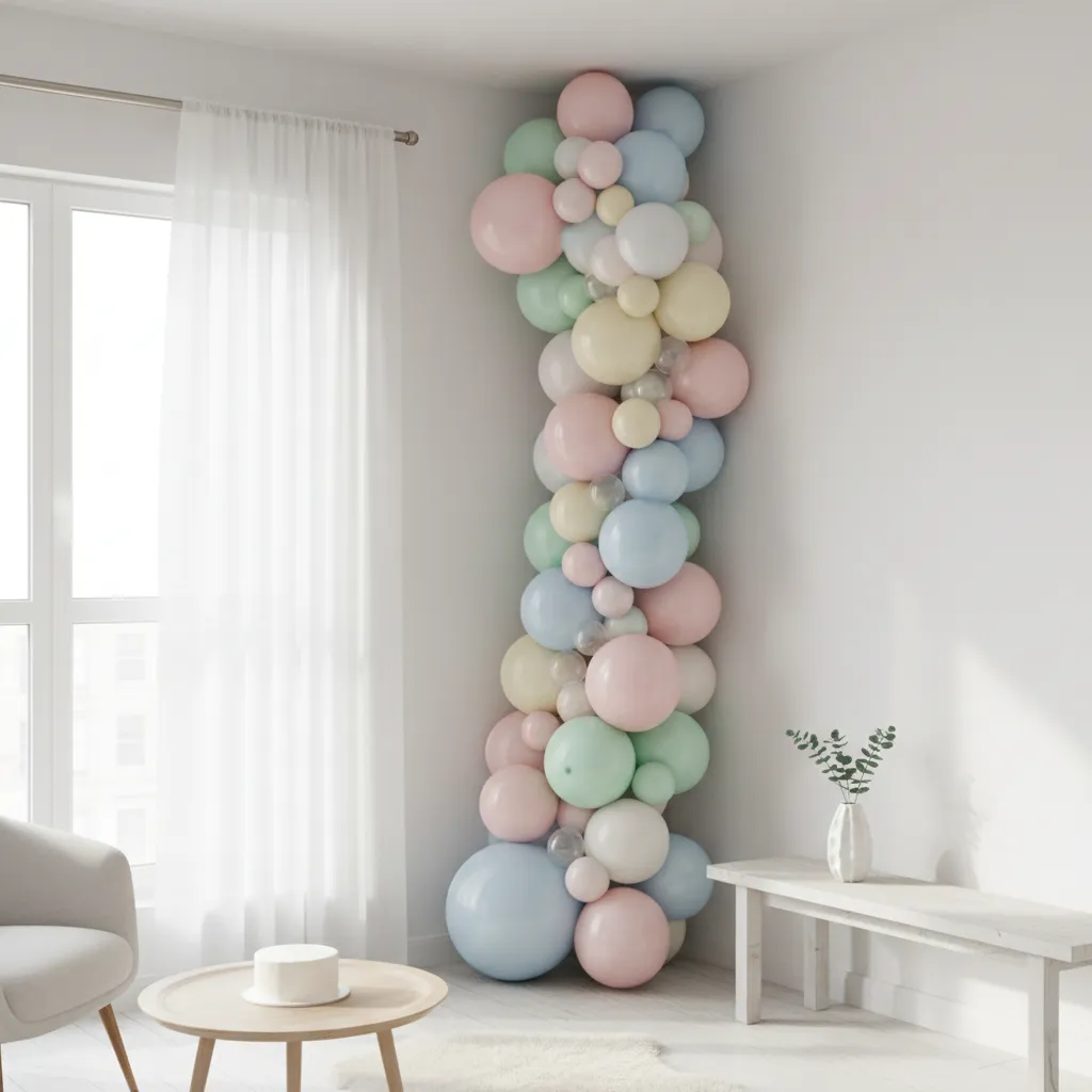 Vertical balloon decoration in a small living room corner for baby celebration