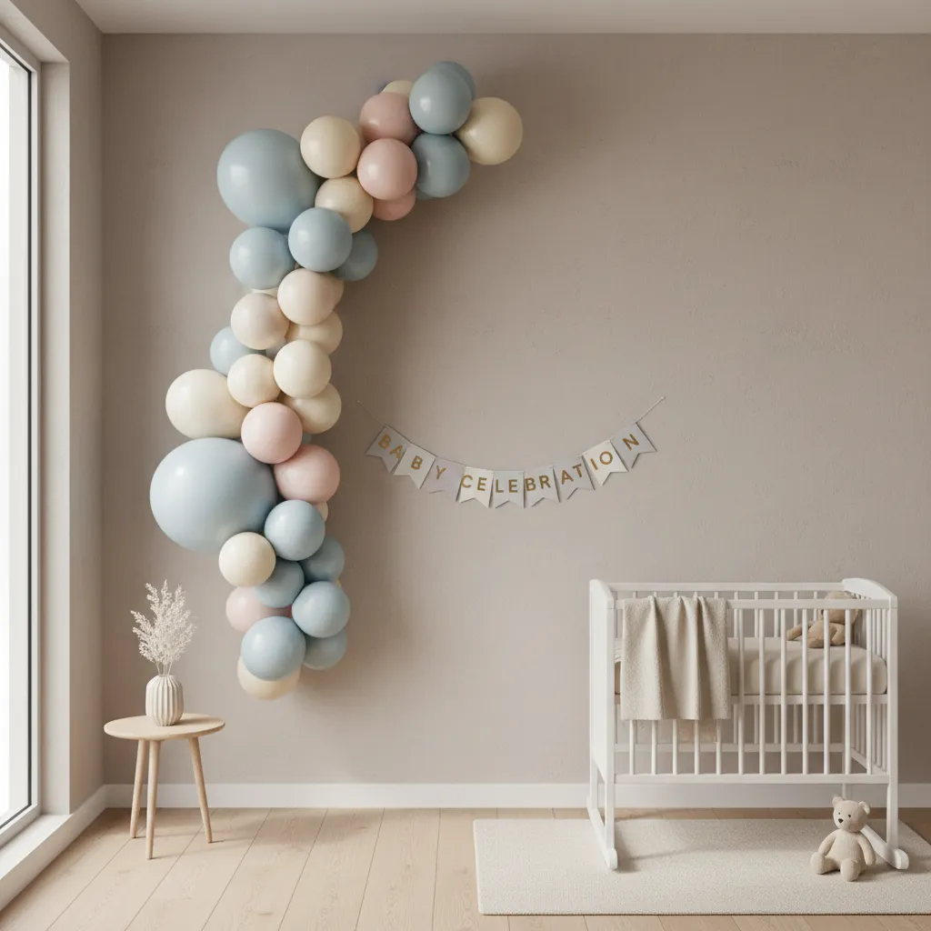 vertical balloon garland decoration on wall for baby one month celebration