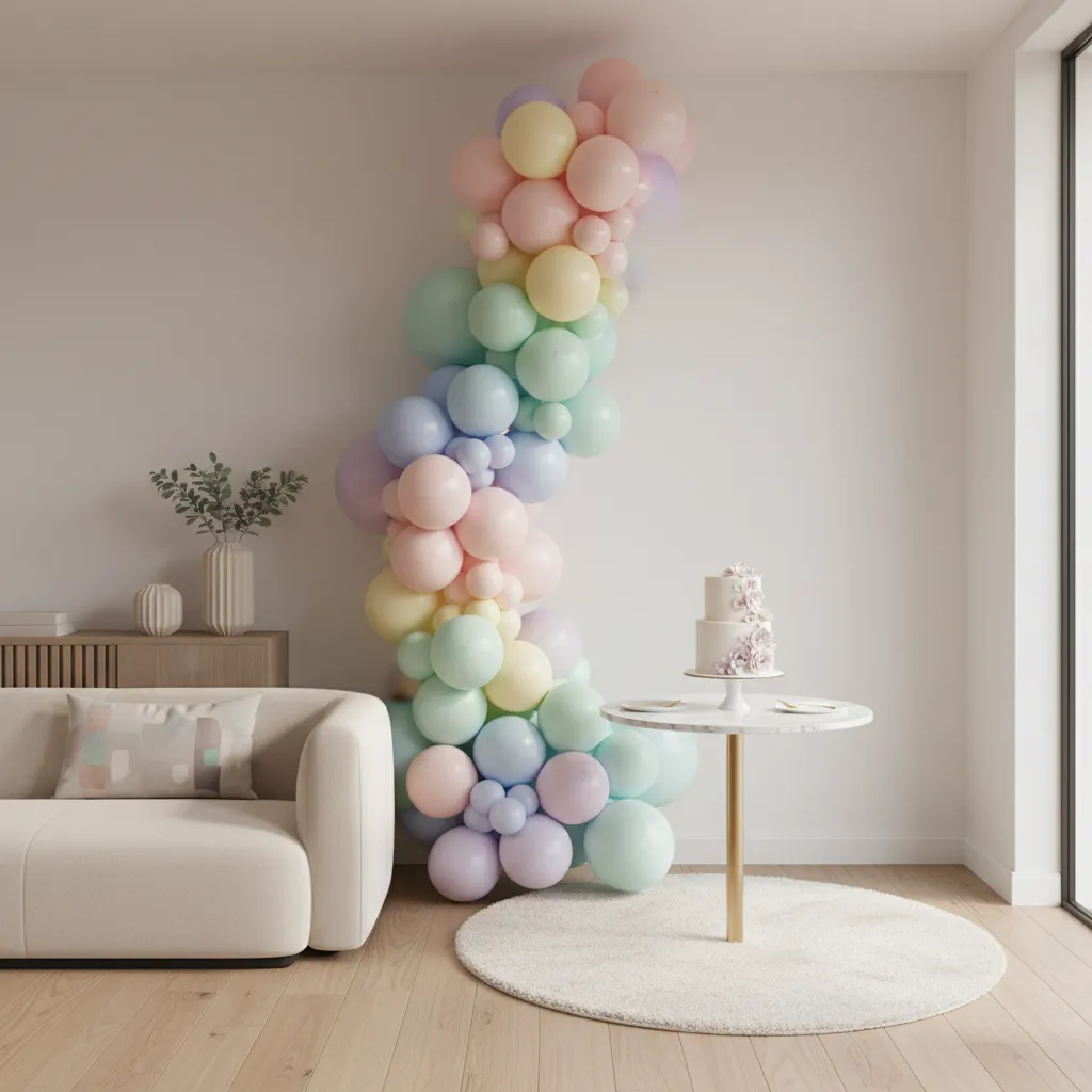 vertical pastel balloon garland used as birthday photo backdrop