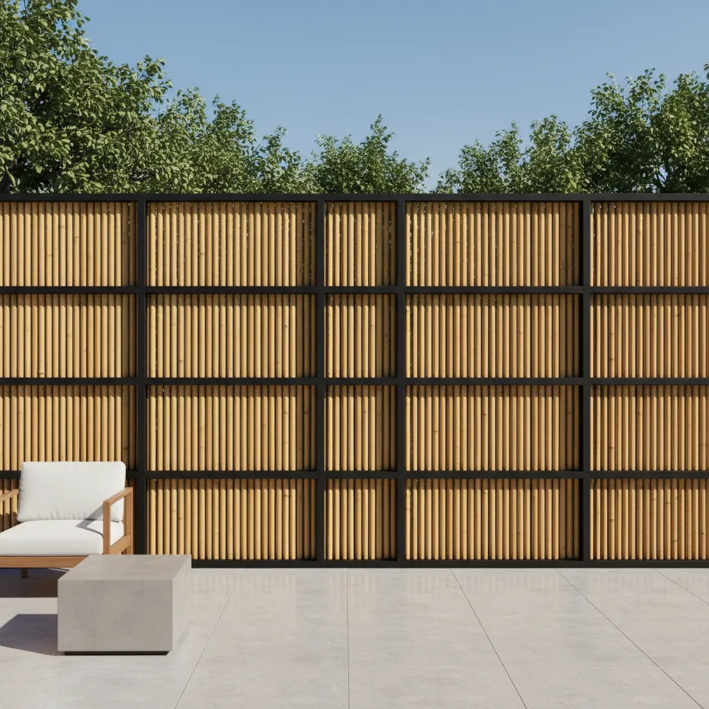 Vertical bamboo slat outdoor privacy wall with metal frame