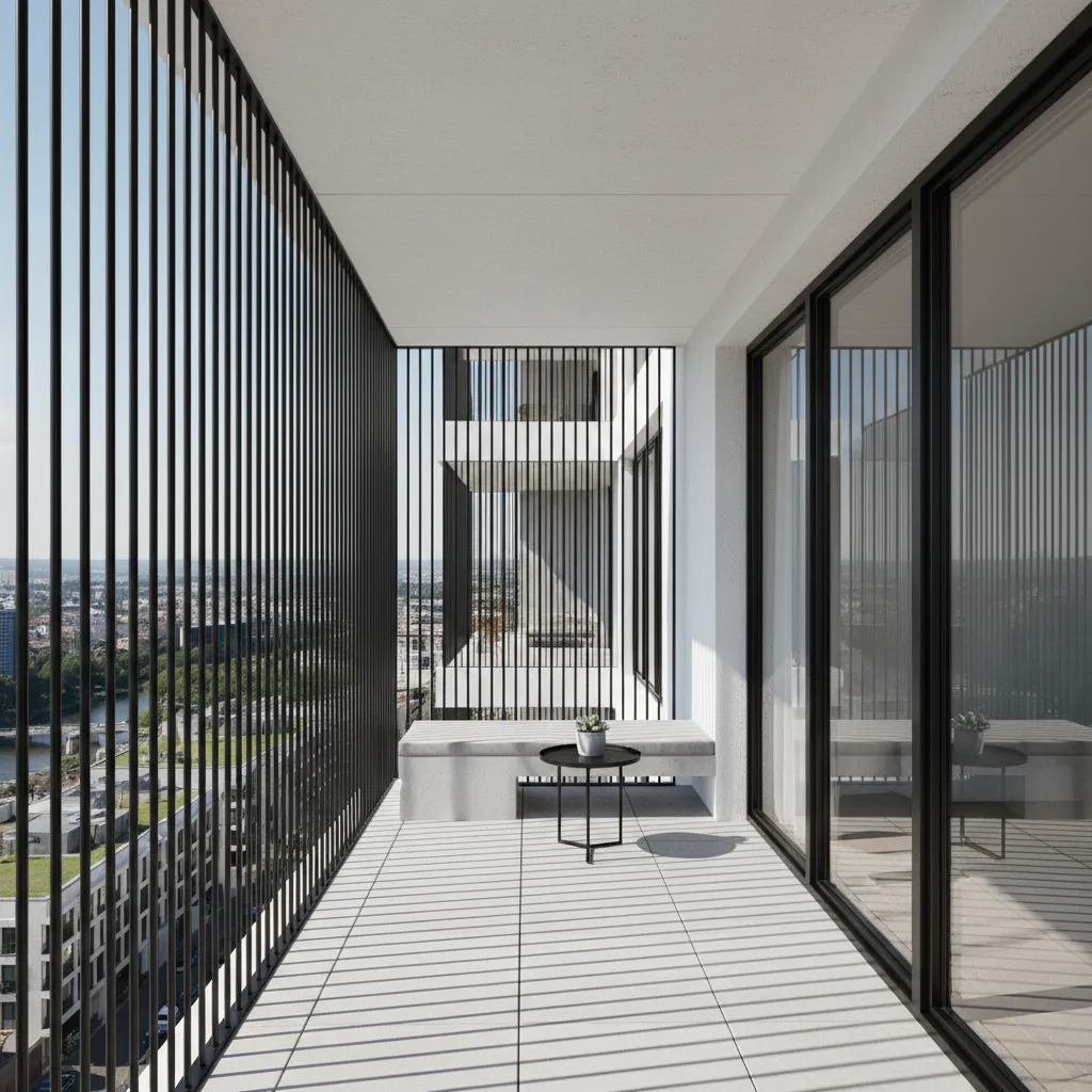 Vertical metal bar balcony grill creating a tall visual effect