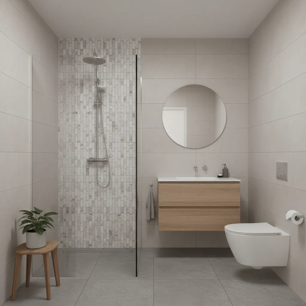 vertical mosaic highlight tiles behind shower fixtures