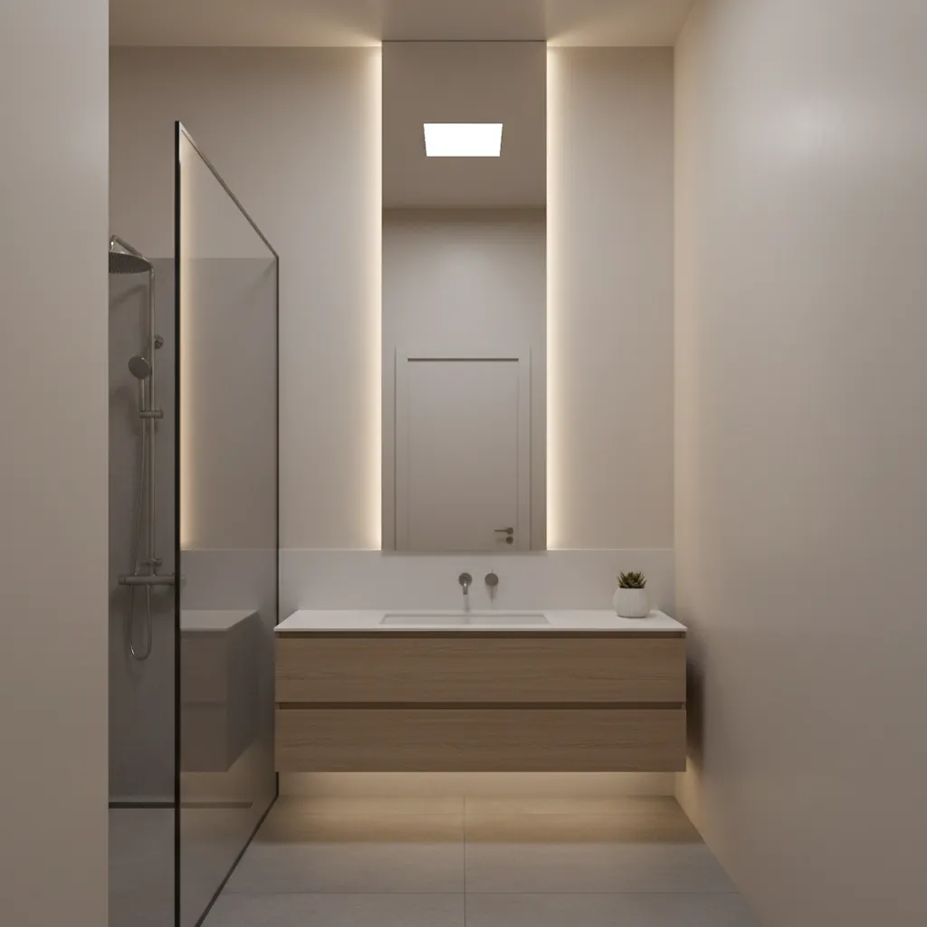 Tall vertical mirror emphasizing height in a compact bathroom