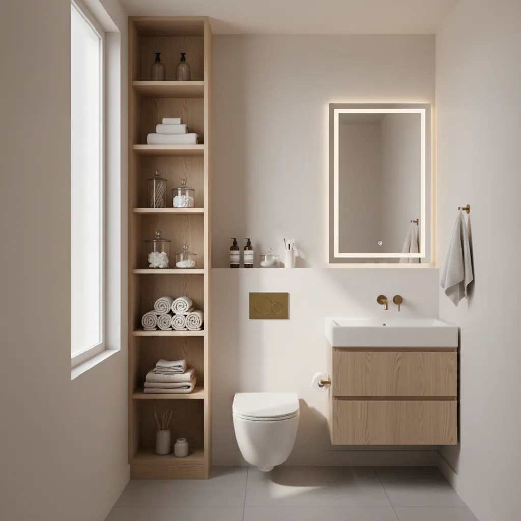 vertical shelving above toilet in a small restroom for storage