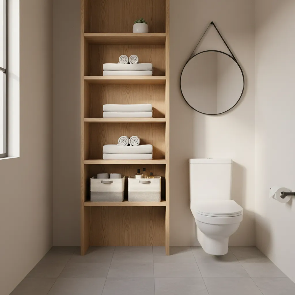 Vertical shelving storage above toilet in small bathroom design