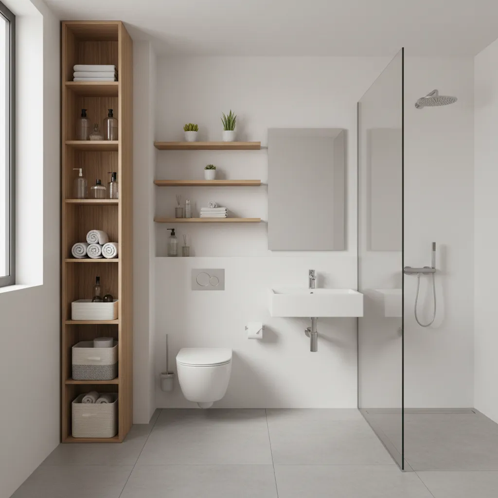 vertical shelving storage solution in a narrow bathroom