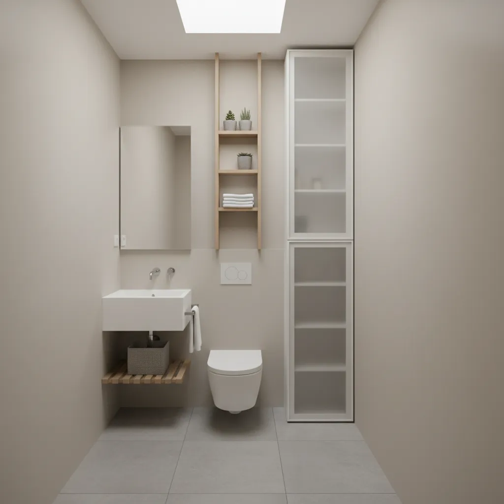 Over toilet vertical shelving and tall cabinet in narrow bathroom