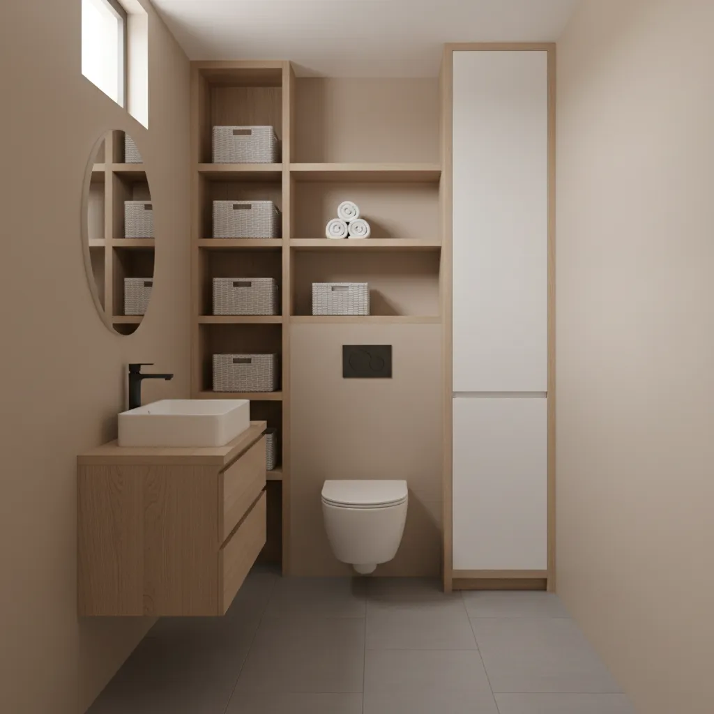 Vertical shelving storage in a narrow small bathroom above toilet and along wall