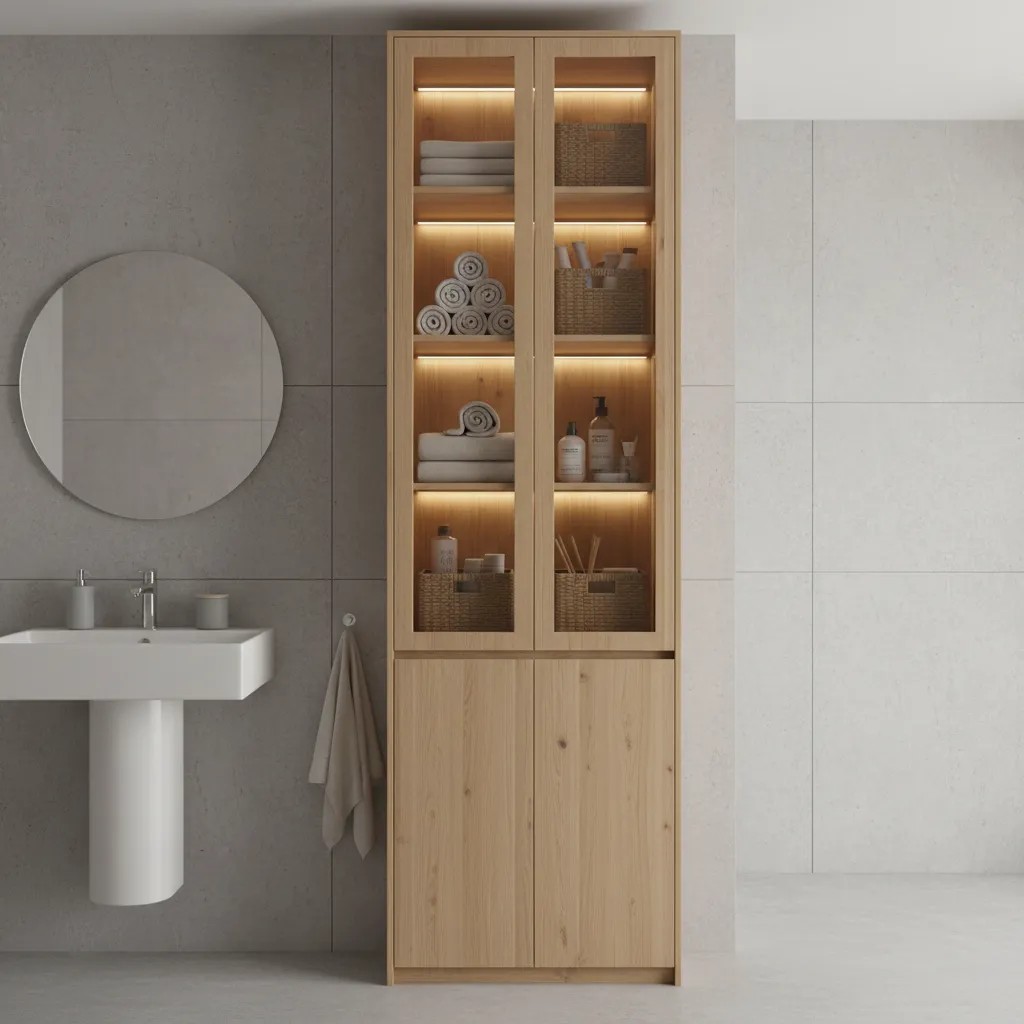 tall vertical bathroom wardrobe cabinet with organized shelves