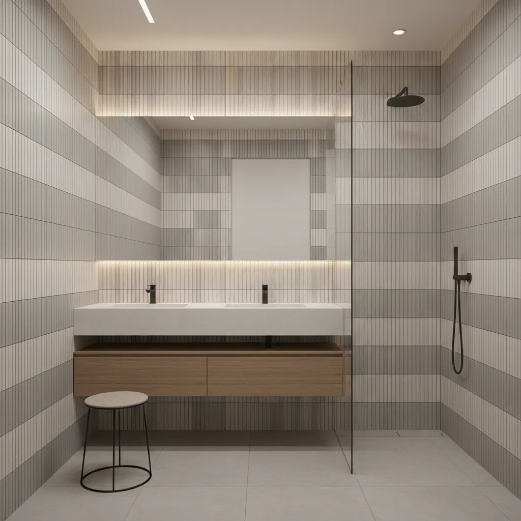 Bathroom wall with vertical stacked tiles making ceiling appear taller