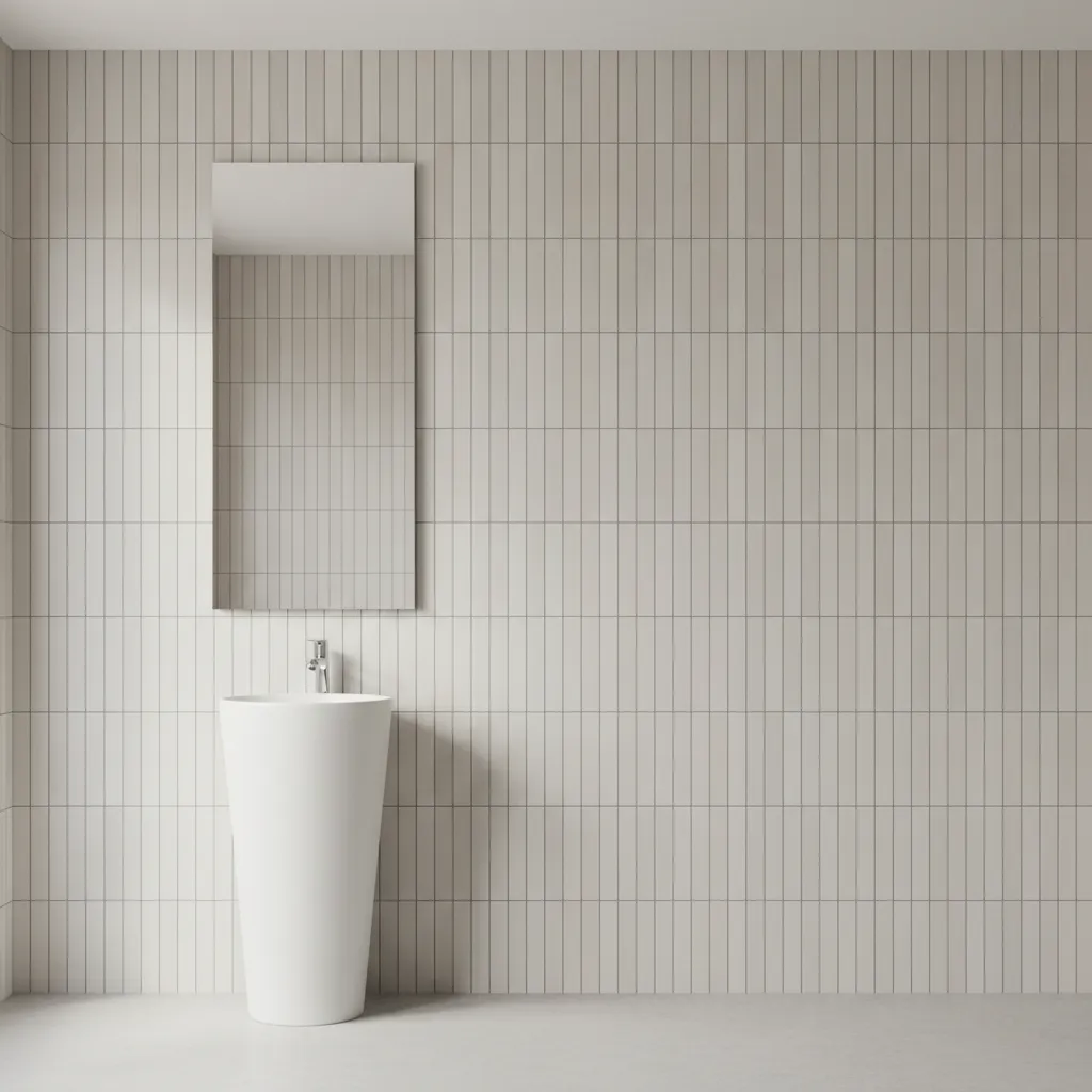 Bathroom wall with vertically stacked rectangular tiles increasing perceived height