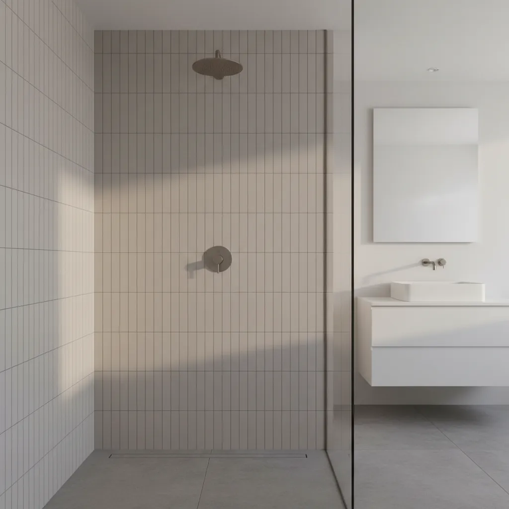 Bathroom wall with vertically stacked rectangular tiles increasing perceived height