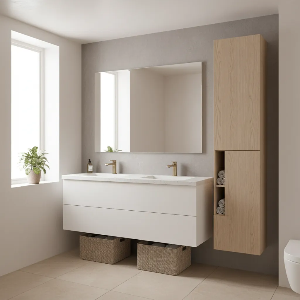 Tall narrow wall cabinet beside small bathroom vanity