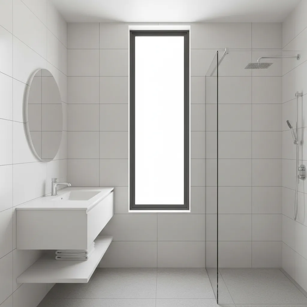 Tall vertical aluminum bathroom window in urban apartment