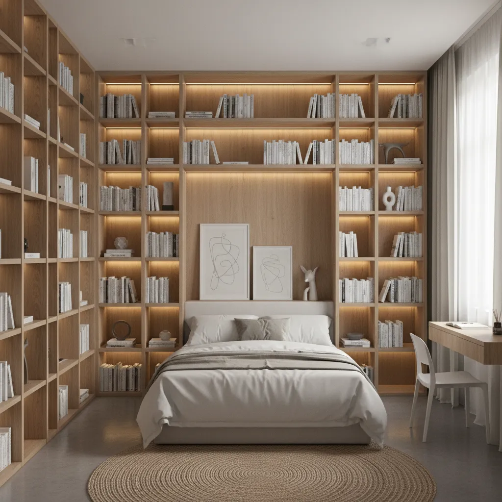 Bedroom wall with tall vertical shelving storage system