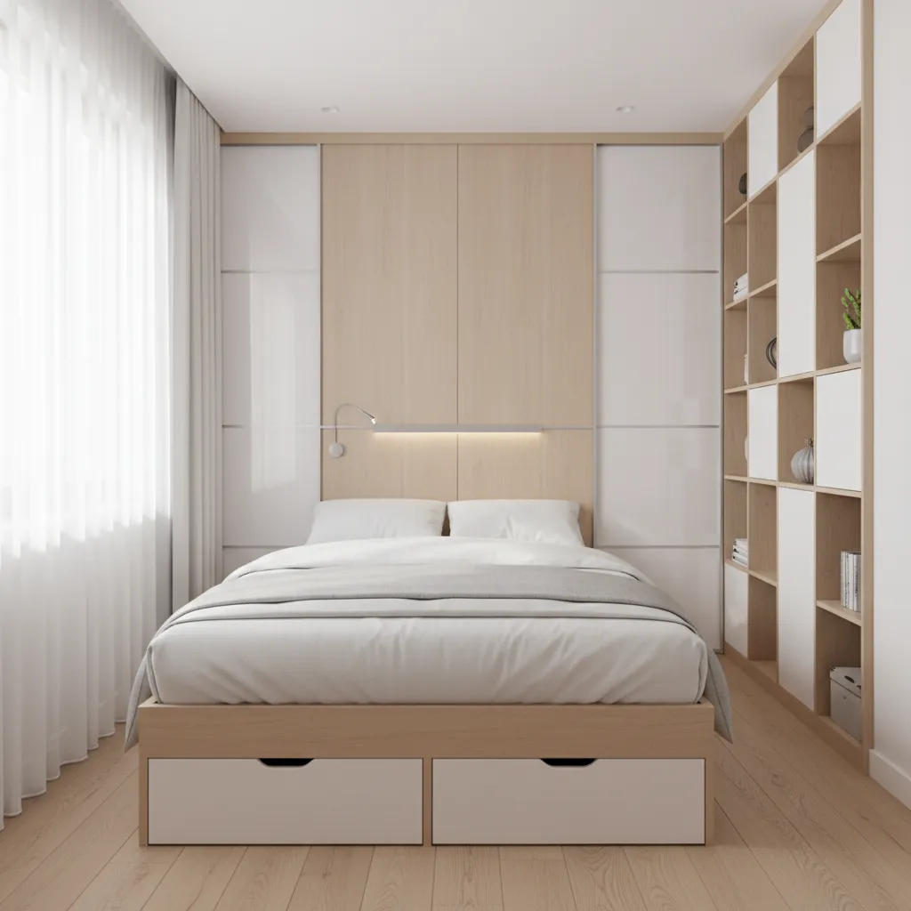 Bedroom with ceiling height wardrobe and vertical storage design