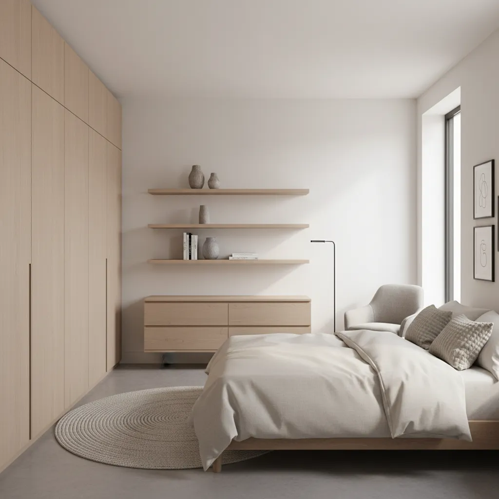 Vertical storage solutions in a medium bedroom with tall wardrobe and wall shelving