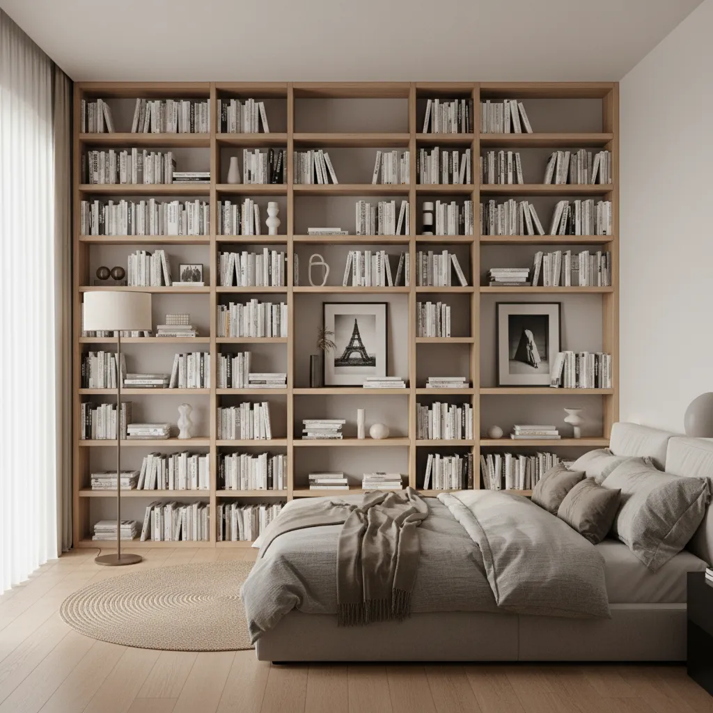 vertical wall shelving storage in bedroom design