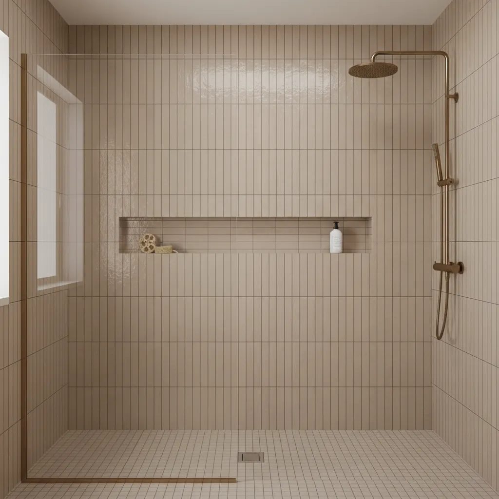 Vertical stacked beige tiles in modern shower design