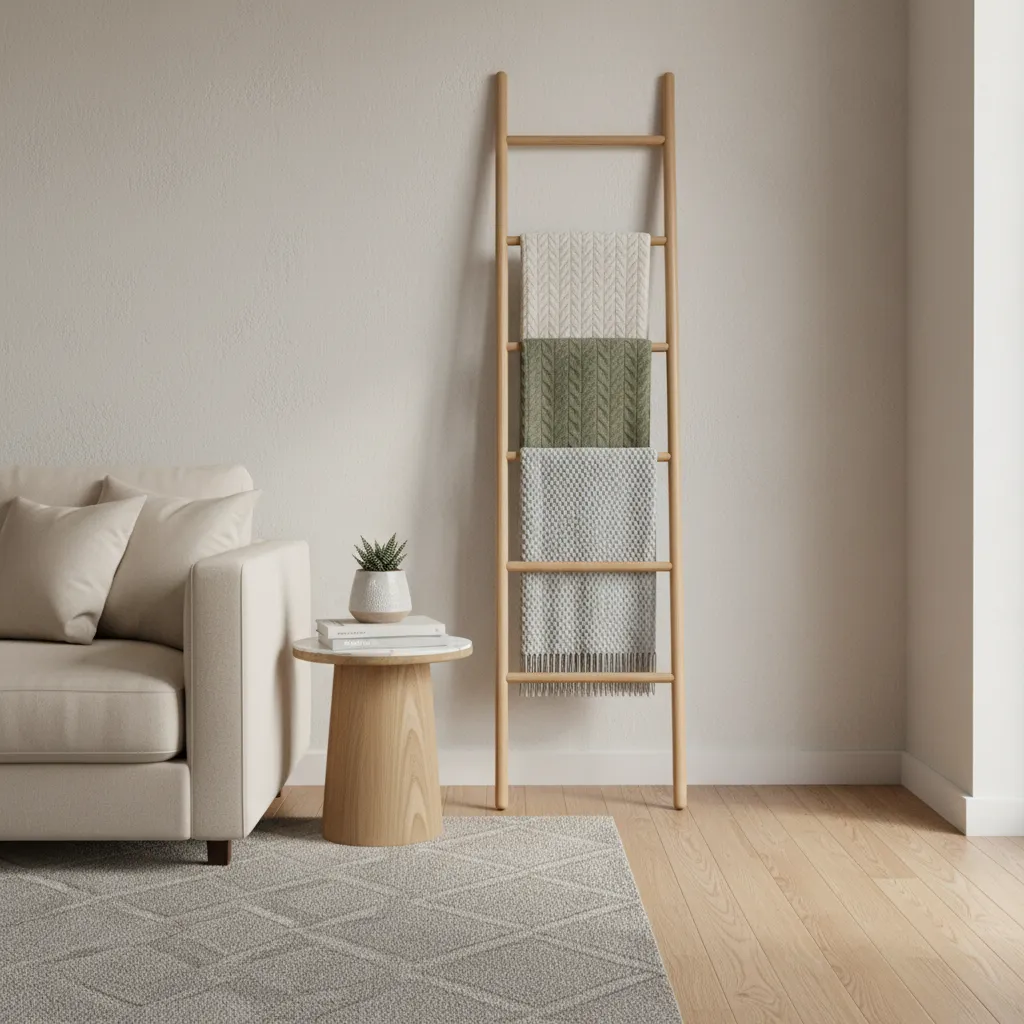 wooden blanket ladder storing folded throws vertically