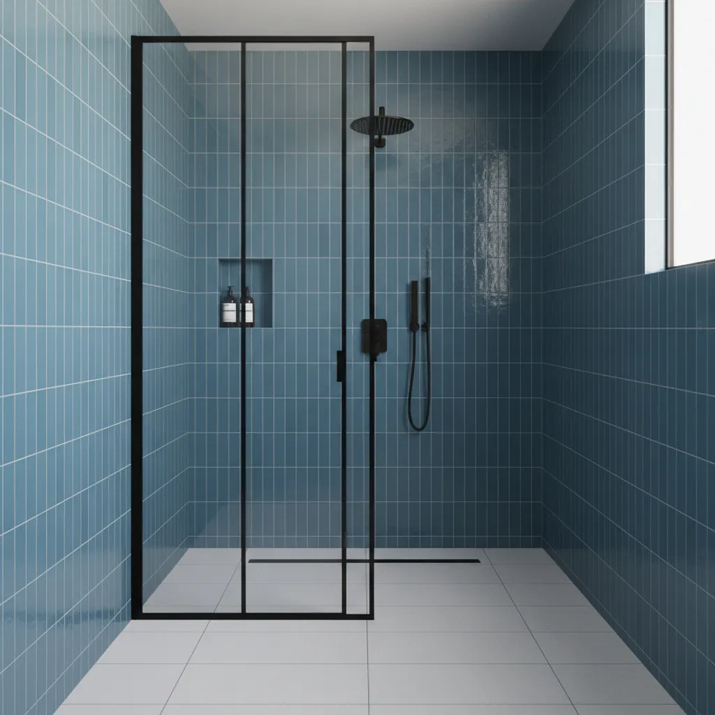 Small bathroom shower with vertical blue tiles that visually raise ceiling height