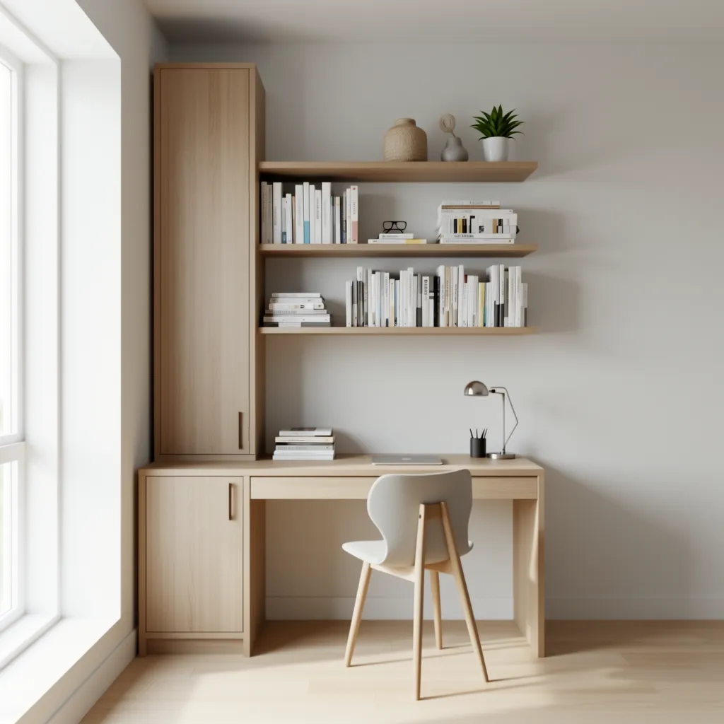 Vertical shelving layout around a desk in a small home office