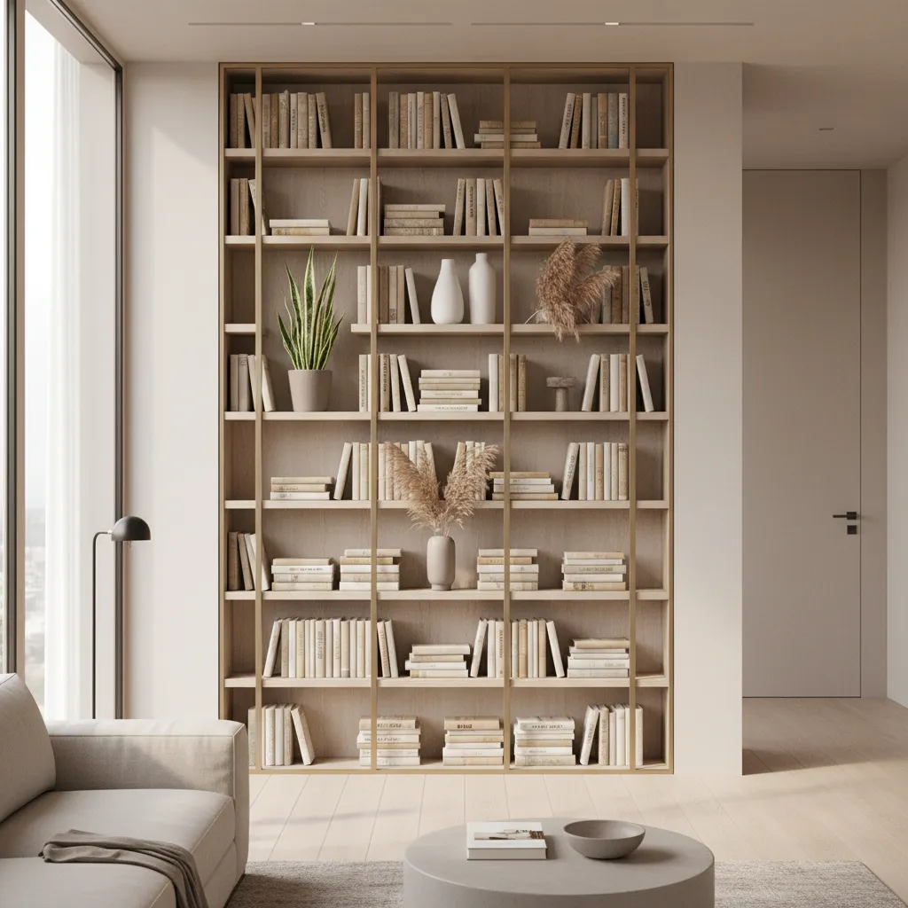 Vertical styling arrangement on decorative bookshelf with books and tall vase