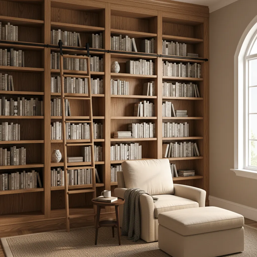 Small study library with floor to ceiling vertical bookshelves