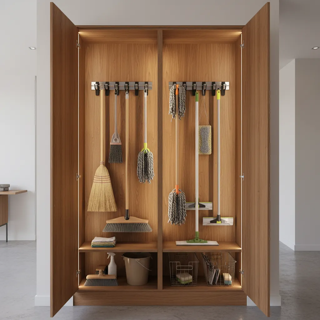broom cabinet with wall mounted vertical holders organizing mops and brooms