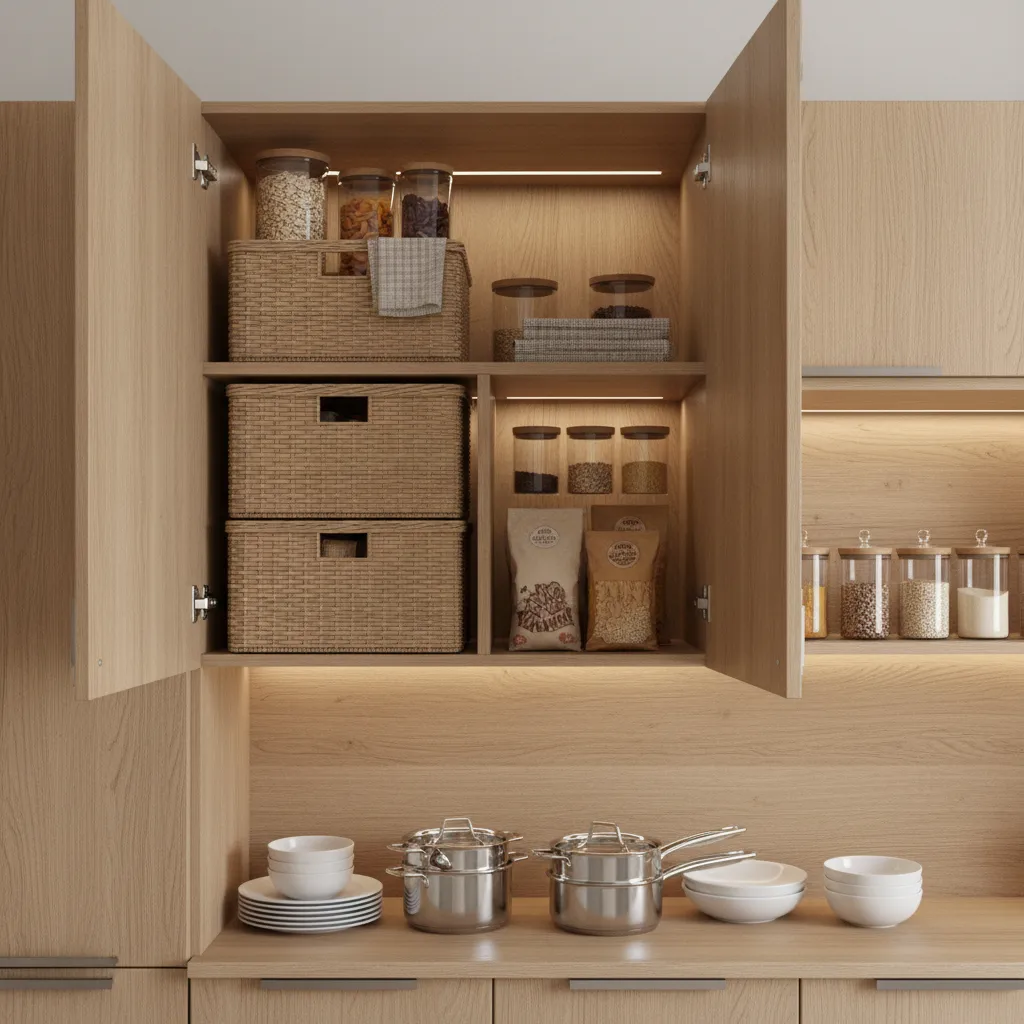 deep kitchen cabinet with stacked baskets maximizing vertical storage