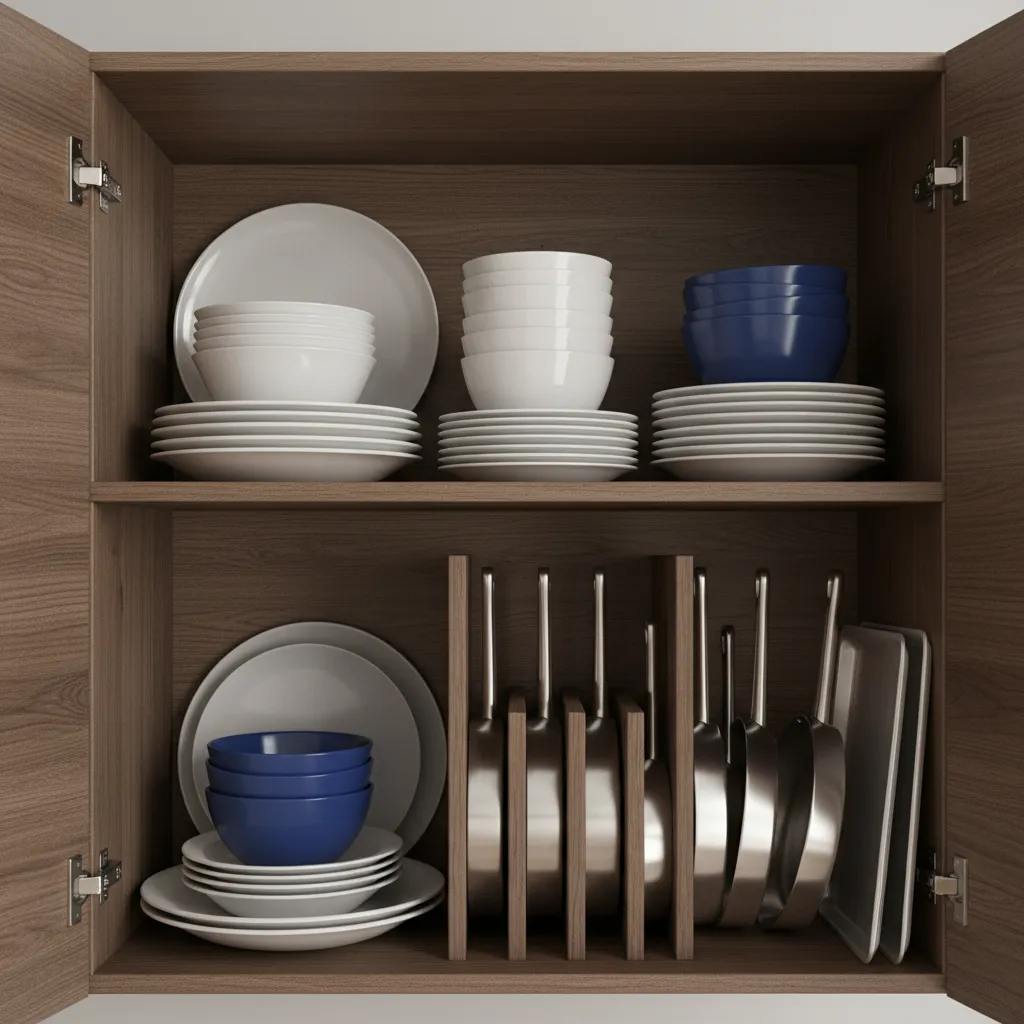 Dark wood kitchen cabinet with stacked white bowls and vertical racks for metal frying pans