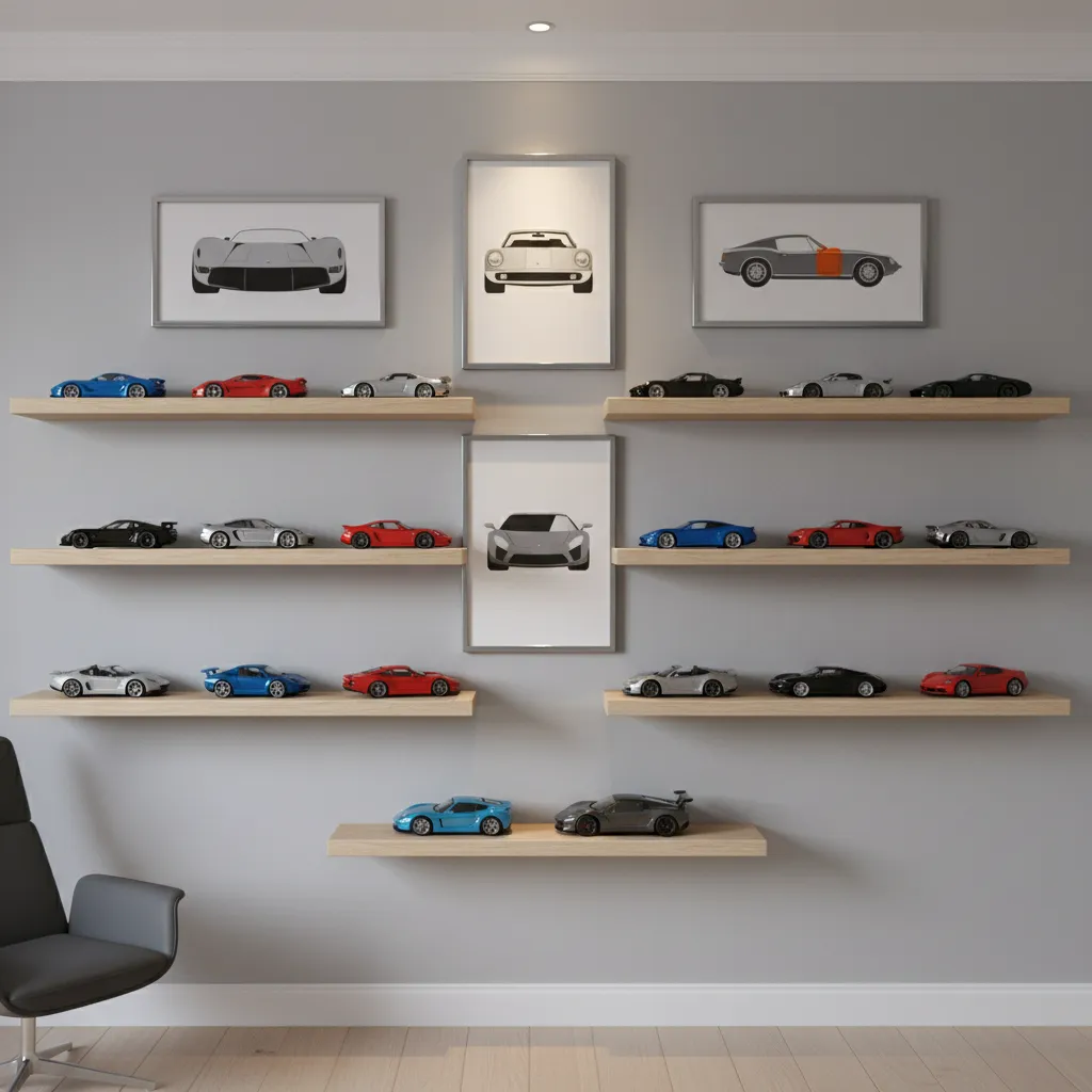vertical wall shelves with model cars in a small themed room