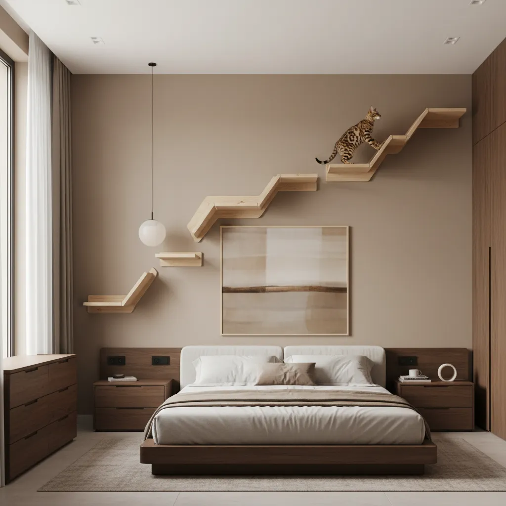 Vertical wall mounted cat shelves forming climbing route in a small bedroom