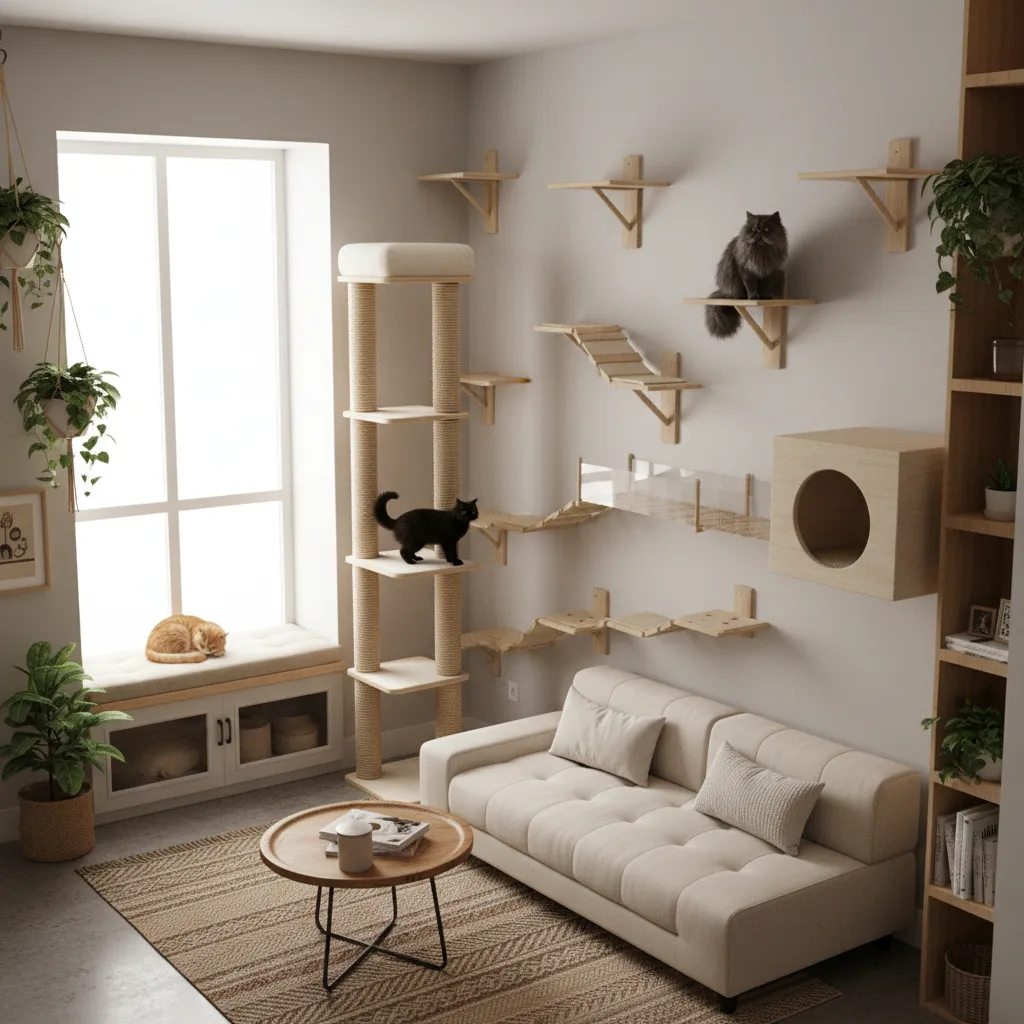 Optimize Vertical Space with 5 Cat Tree Ideas: Smart ways I use vertical cat trees and wall pathways to maximize cat territory in small apartments without sacrificing human living space.