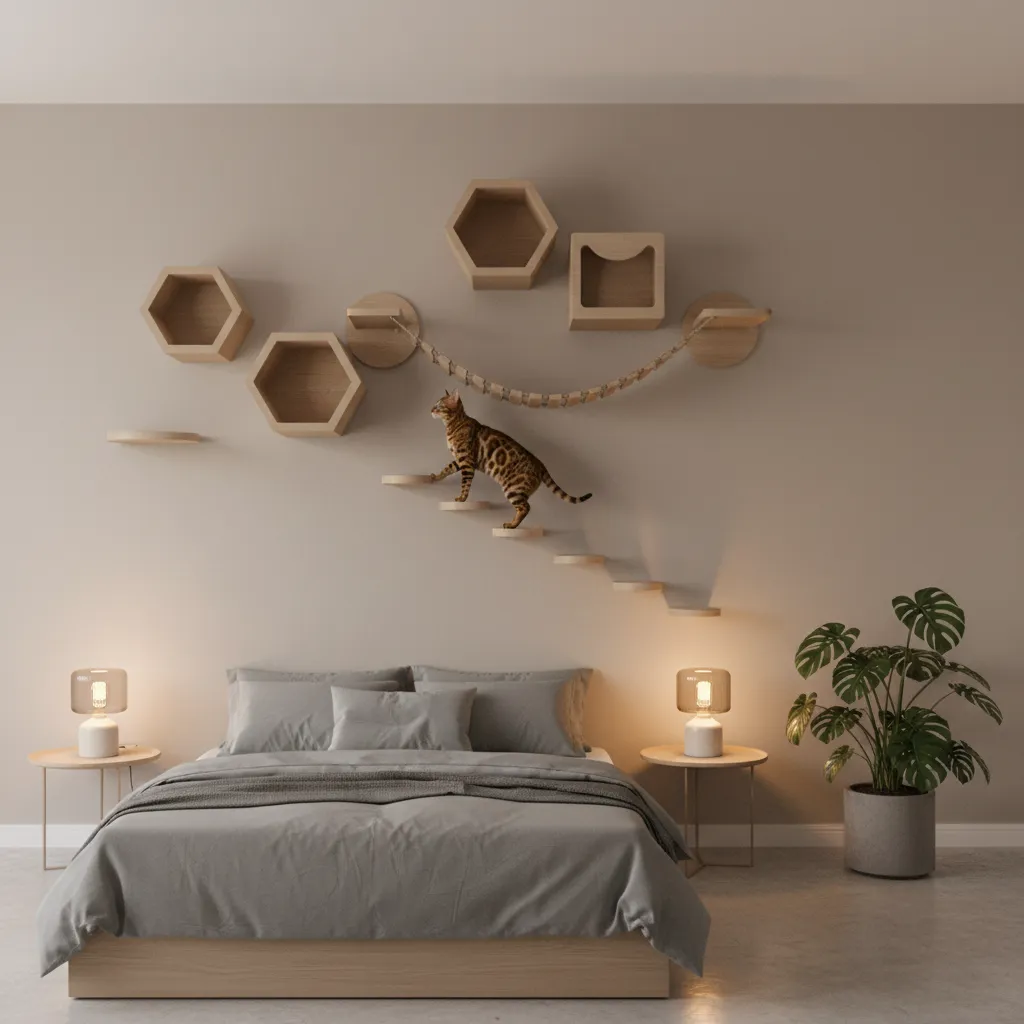 Wall mounted cat climbing shelves and steps in a bedroom for Bengal cats