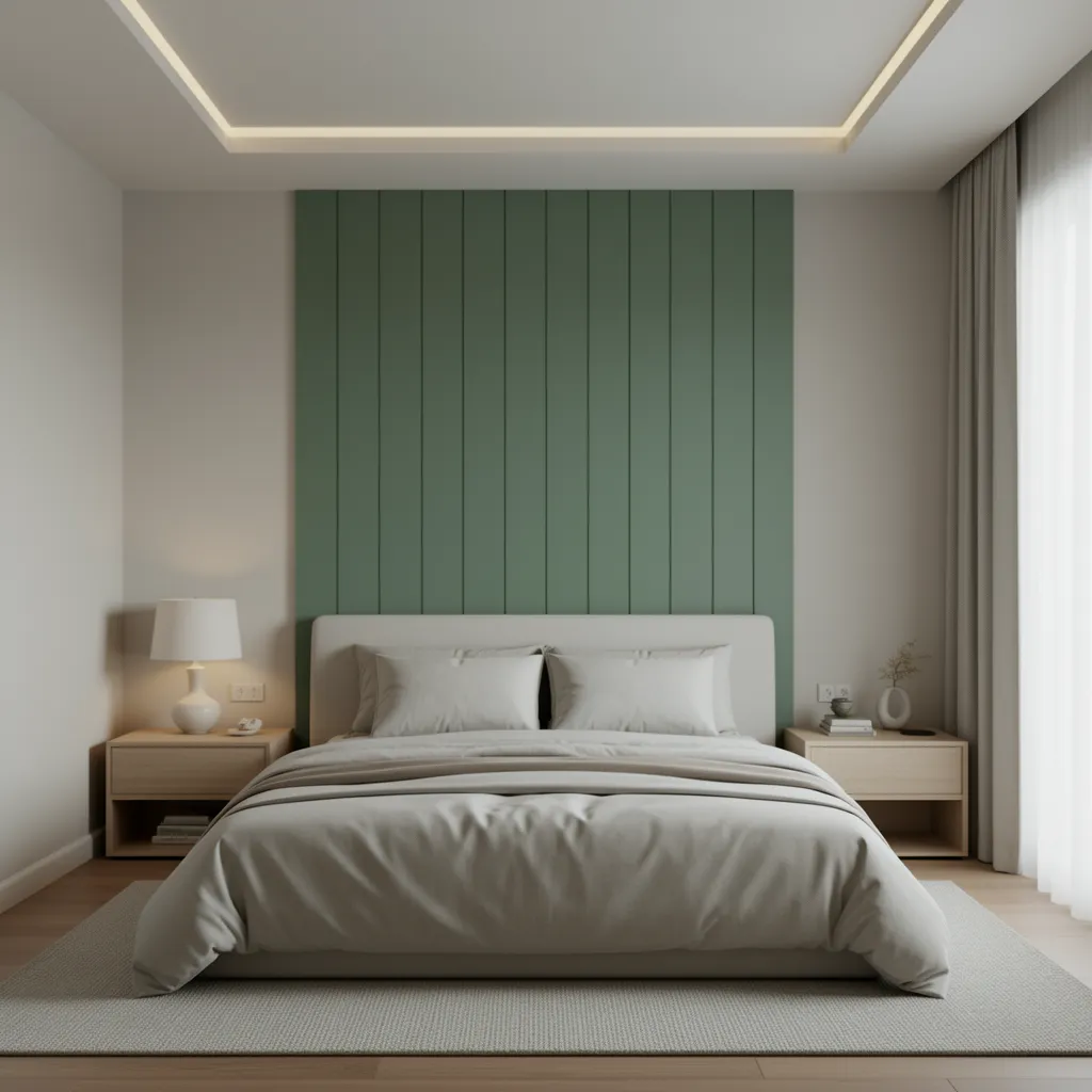 Vertical paint color blocking behind bed to make small room appear taller