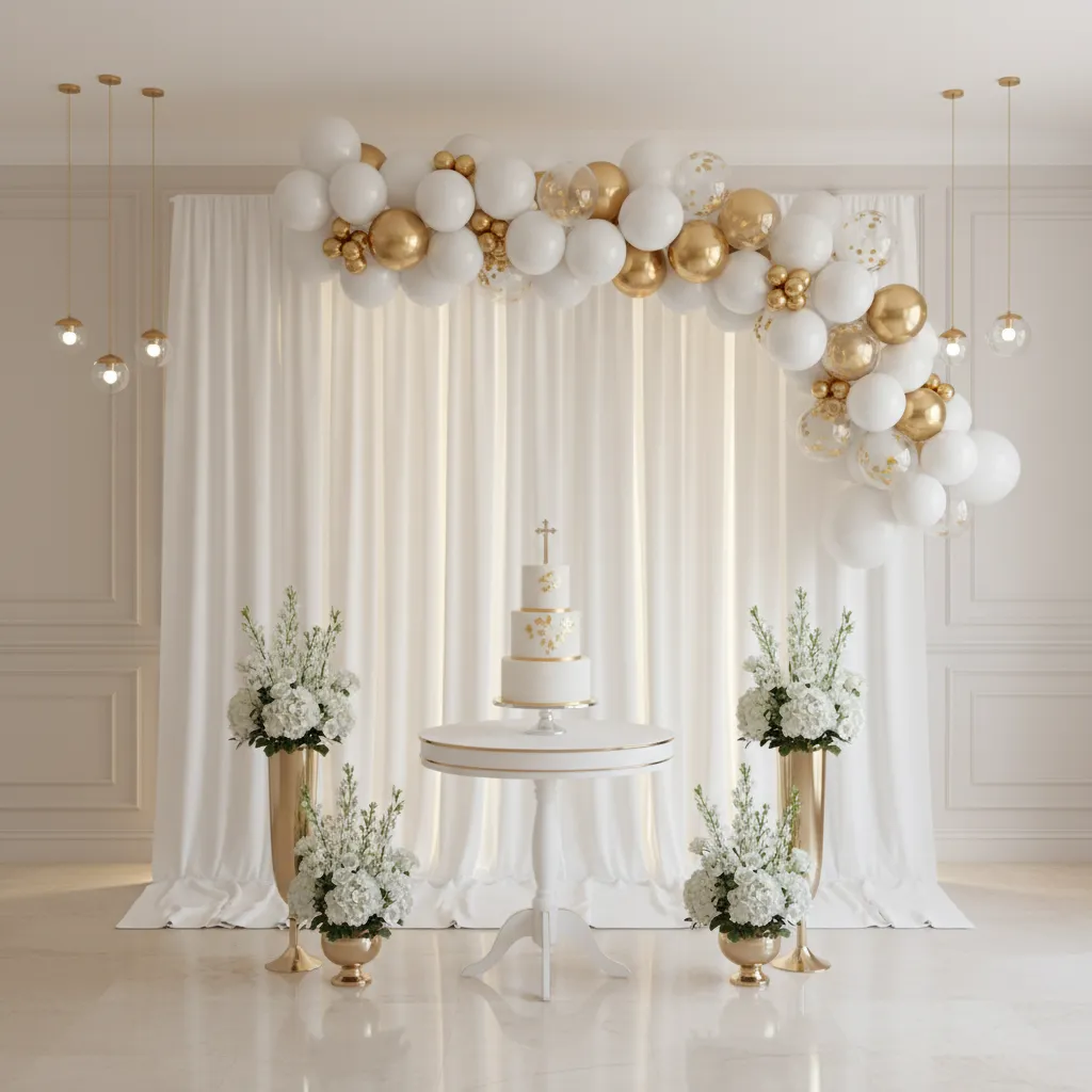 Vertical wall decorations with balloons and fabric backdrop for First Communion