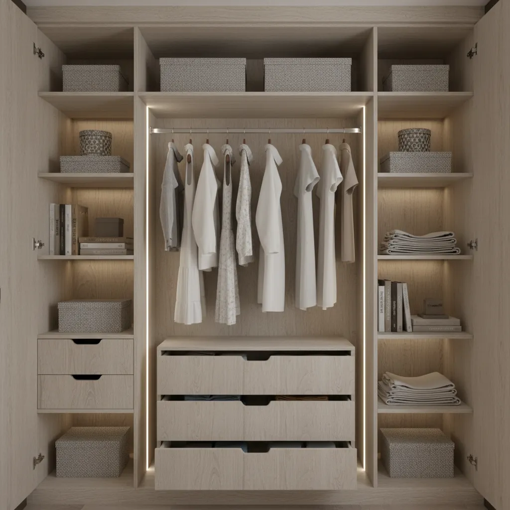 Hall almirah interior with vertical compartments and hidden drawers