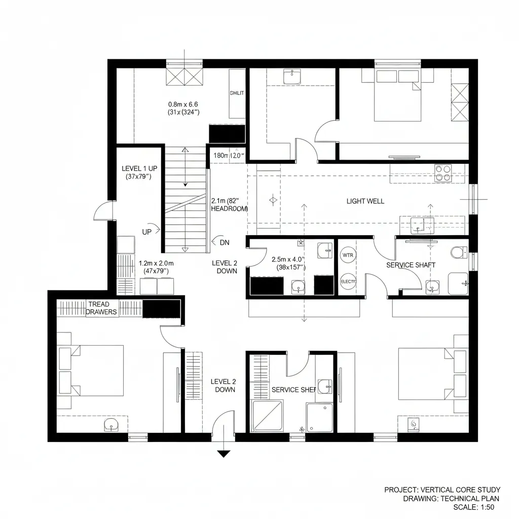 Technical 2D floor plan showing detailed room layout with stairs bedrooms light well room labels