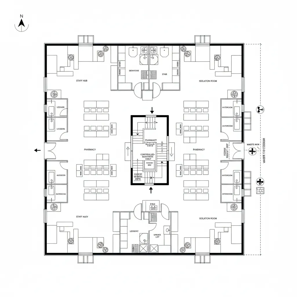 Plan of central stair and lift with staff hub, pharmacy, isolation rooms, and waste route