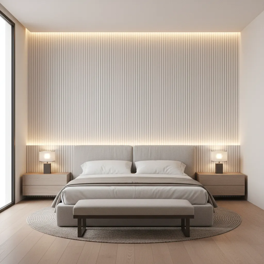 bedroom wall with vertical corian panels behind bed