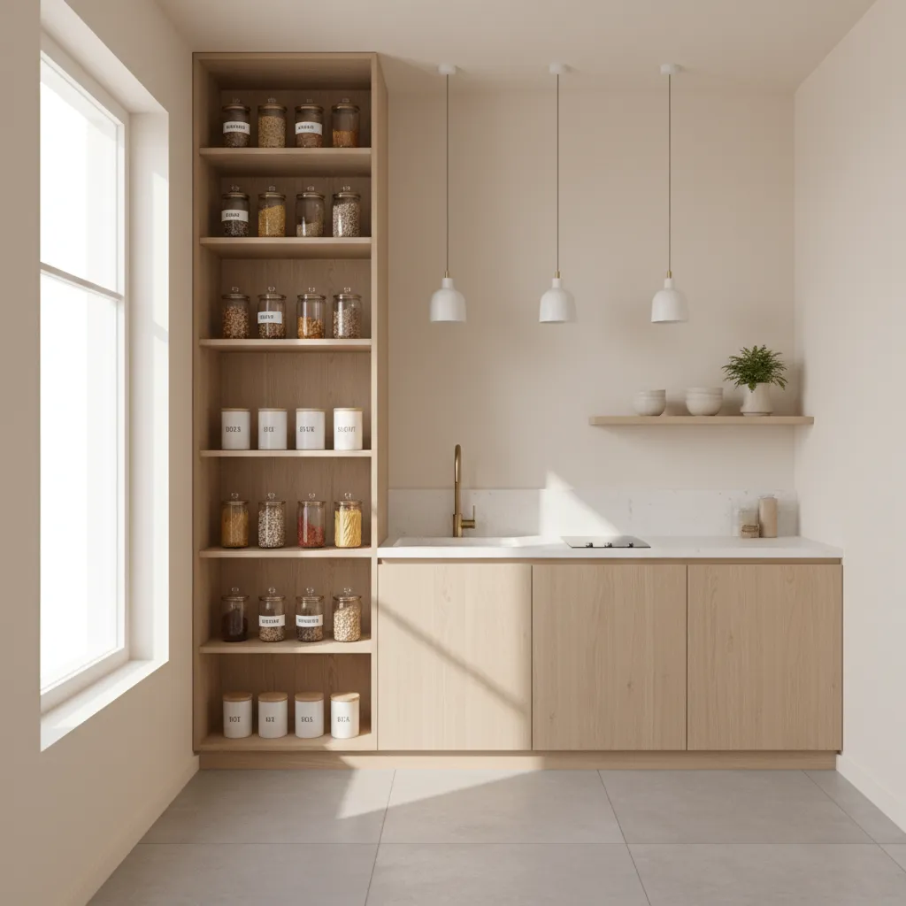 Tall corner cabinet maximizing vertical storage in a small kitchen