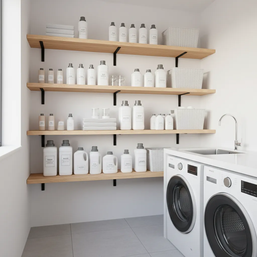 vertical stacked corner shelves in laundry room showing multiple storage tiers