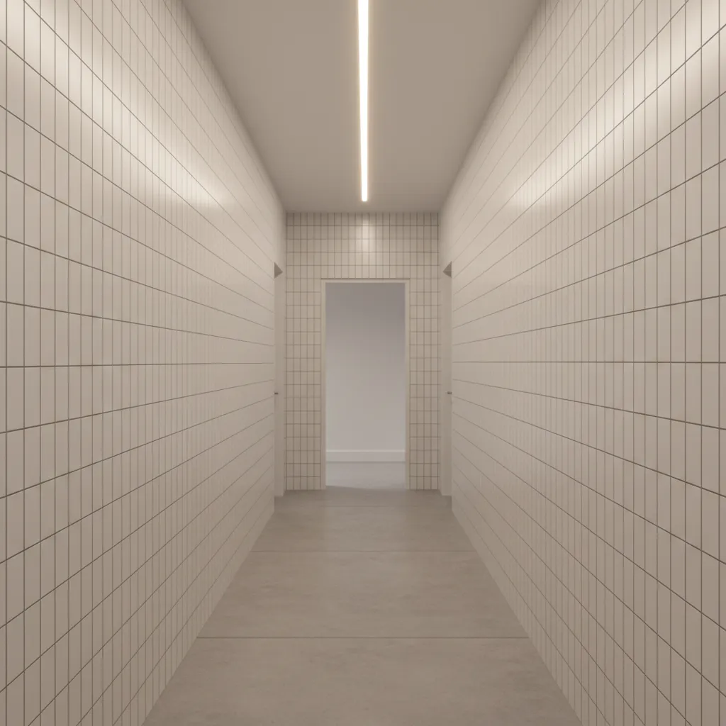 Vertical subway tile layout used in corridor wall tiles design to create taller visual effect