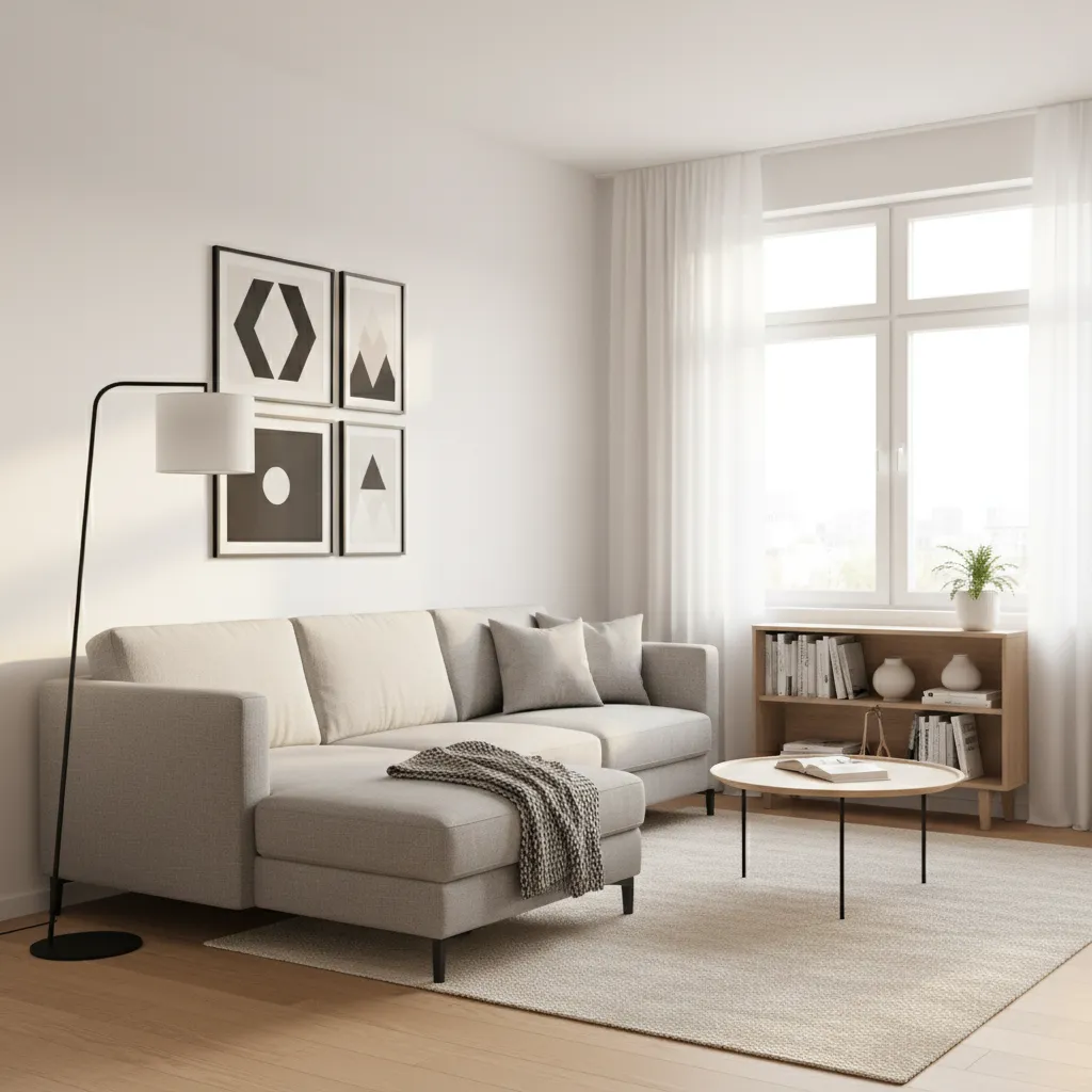 Vertical wall decor and floor lamp balancing chaise sofa in small living room
