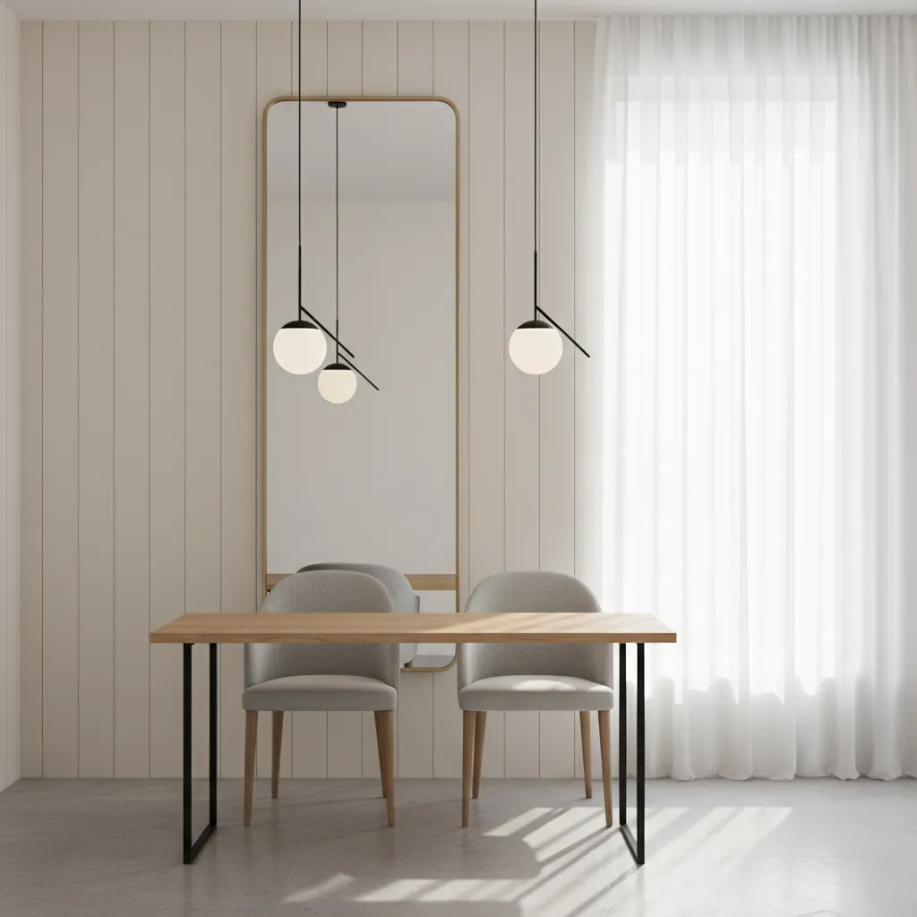 Small dining room using tall mirror and vertical wall decor
