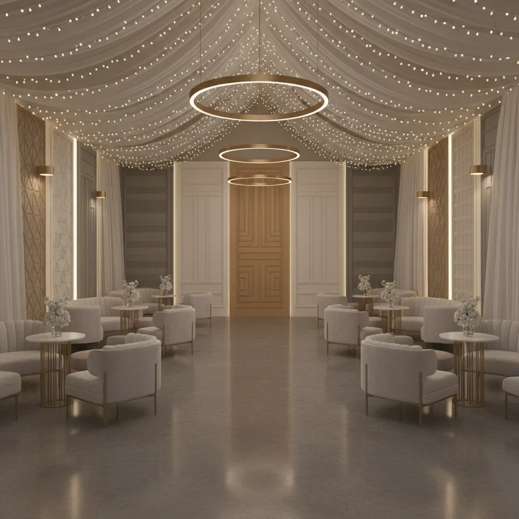 Small event hall with vertical wall panels and ceiling decor