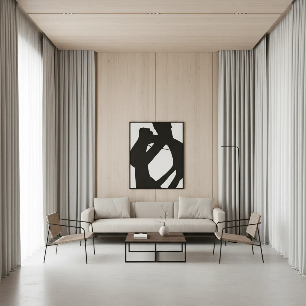 Room design using vertical wall panels and tall curtains to make a low ceiling appear higher