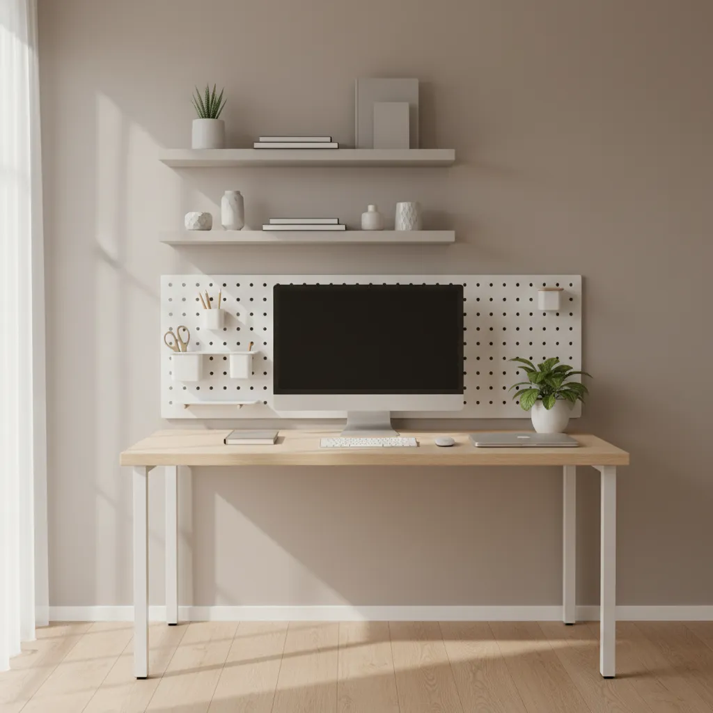 Floating shelves and pegboard storage above a small wooden desk