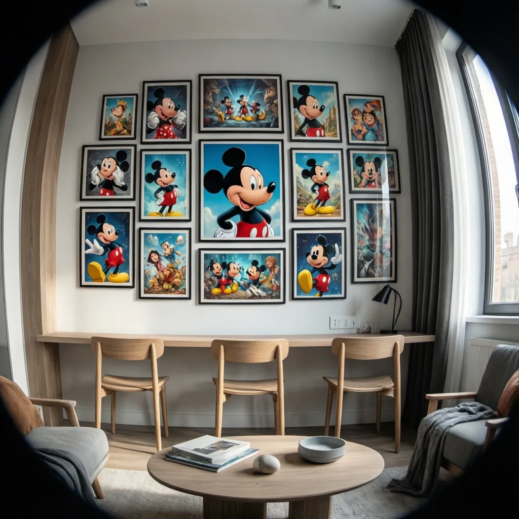 Vertical gallery wall featuring Disney inspired posters in a small room